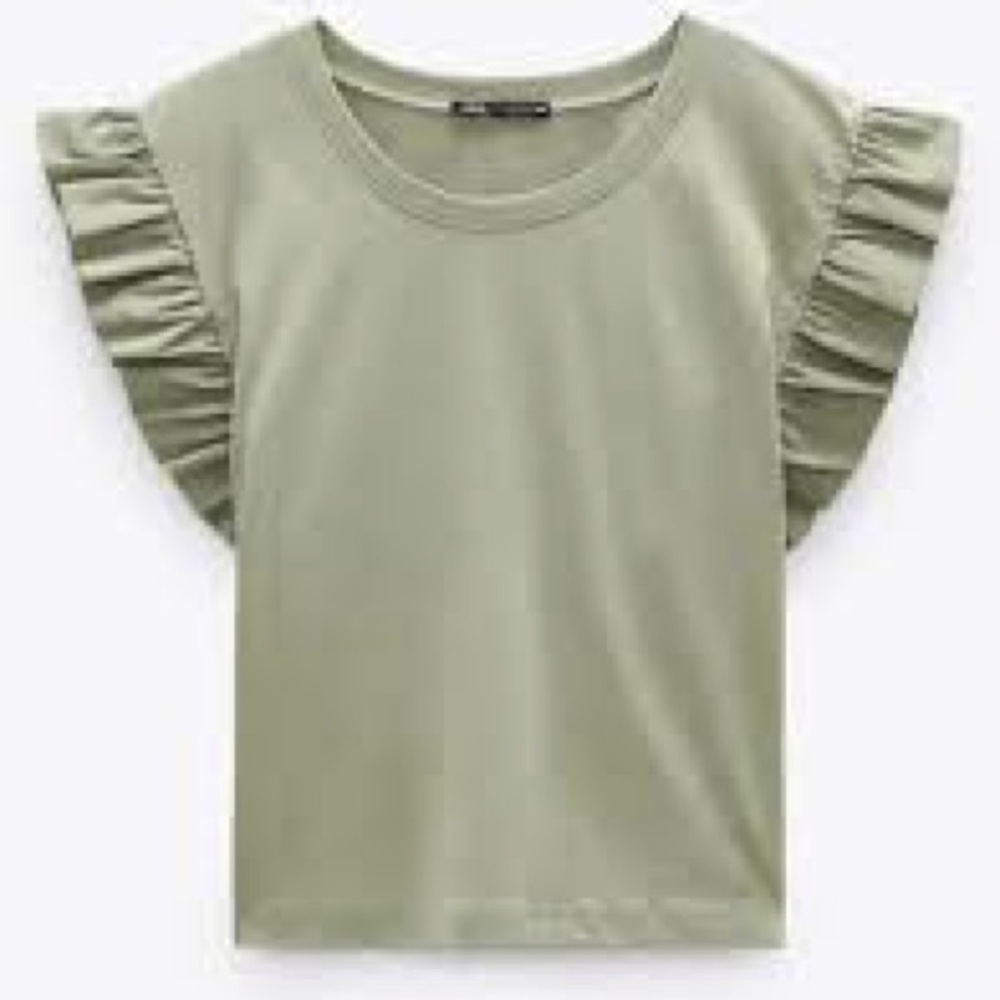 ZARA Sage Green Ruffle Flutter Short Sleeve Tee Size Large